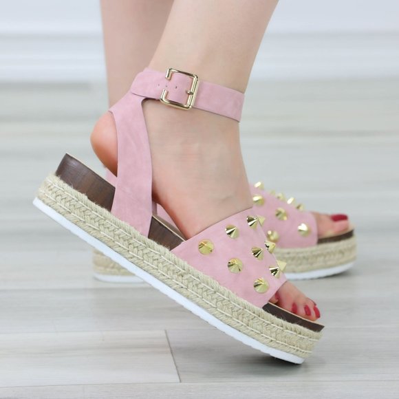 Dusty Pink Nubuck Metal Stud Sandals Espadrille Platform Heel - Picture 12 of 13